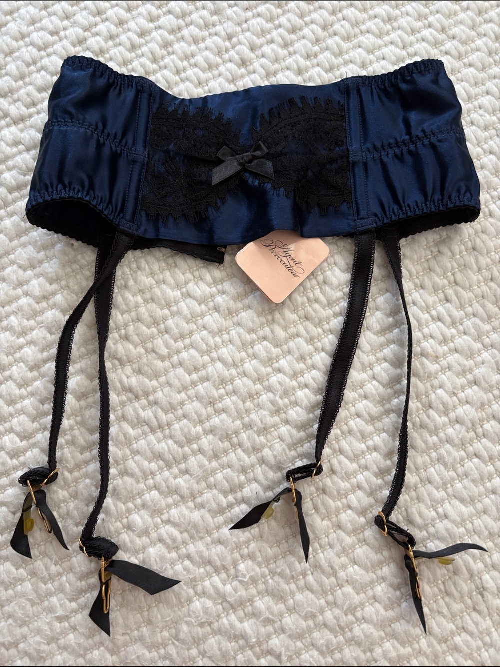 Agent Provocateur Navy Satin Garter Belt with Black Silk Lace Trim 3